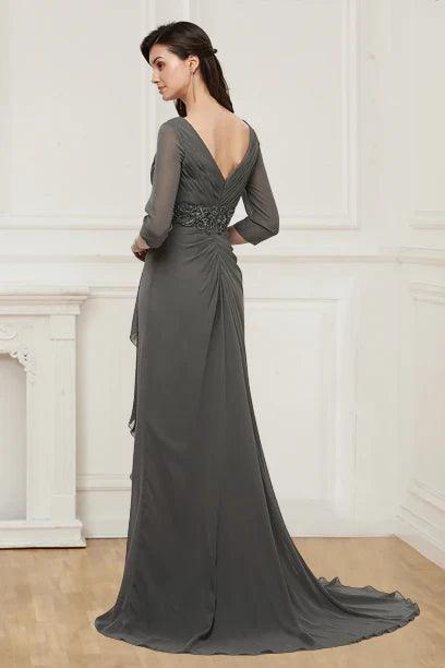 Vestidos para mãe da noiva, chiffon, decote em V, corpete com missangas, mangas compridas