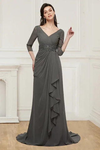 Kleider für die Brautmutter, Chiffon, V-Ausschnitt, Perlenbesetztes Mieder, lange Ärmel