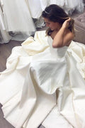 Classic Ivory Satin Strapless Off Shoulder Cathedral Train Wedding Dresses, MW612