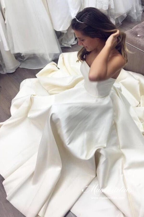 Classic Ivory Satin Strapless Off Shoulder Cathedral Train Wedding Dresses, MW612