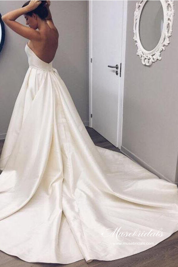 Classic Ivory Satin Strapless Off Shoulder Cathedral Train Wedding Dresses, MW612