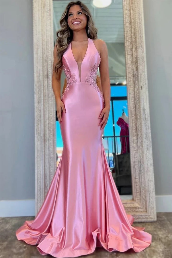 Classy Halter V-Neck Appliques Mermaid Pink Prom Dress PSK691