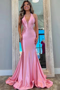Robe de bal élégante en bustier avec décolleté en V et applications, style sirène, rose, référence PSK691