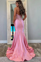 Classy Halter V-Neck Appliques Mermaid Pink Prom Dress PSK691