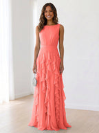 Sleeveless Tiered Chiffon Maxi Evening Gown with Ruched Bodice