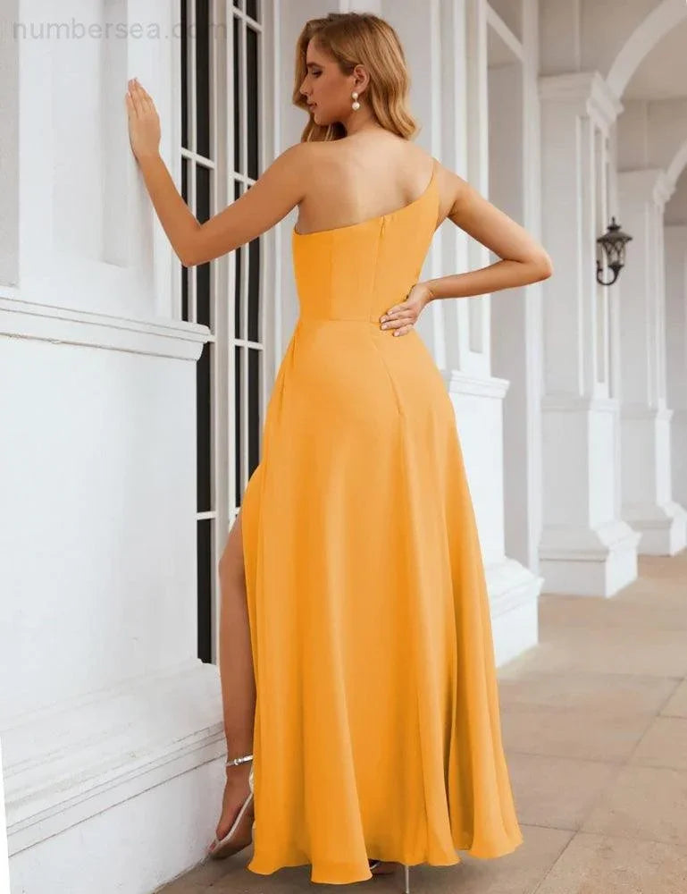 Numbersea Ein Schulter Chiffon Brautjungfernkleider Lang Formell Homecoming Abschlussballkleider für Damen Party Hochzeit Abend SEA28052