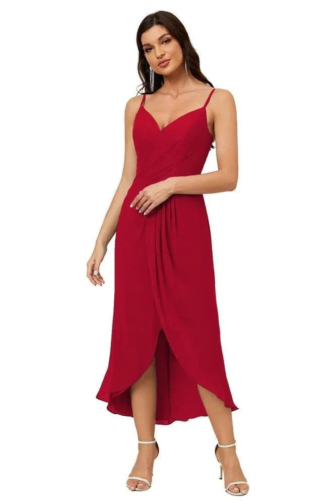 Numbersea Spaghetti-Träger Chiffon V-Ausschnitt Brautjungfernkleid Mittellanger Schlitz Formelles Abschlussballkleid Homecoming-Kleid 2803