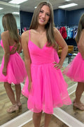 Robe de bal de fin d'études A-line en tulle à bretelles hot pink et dos croisé PD487