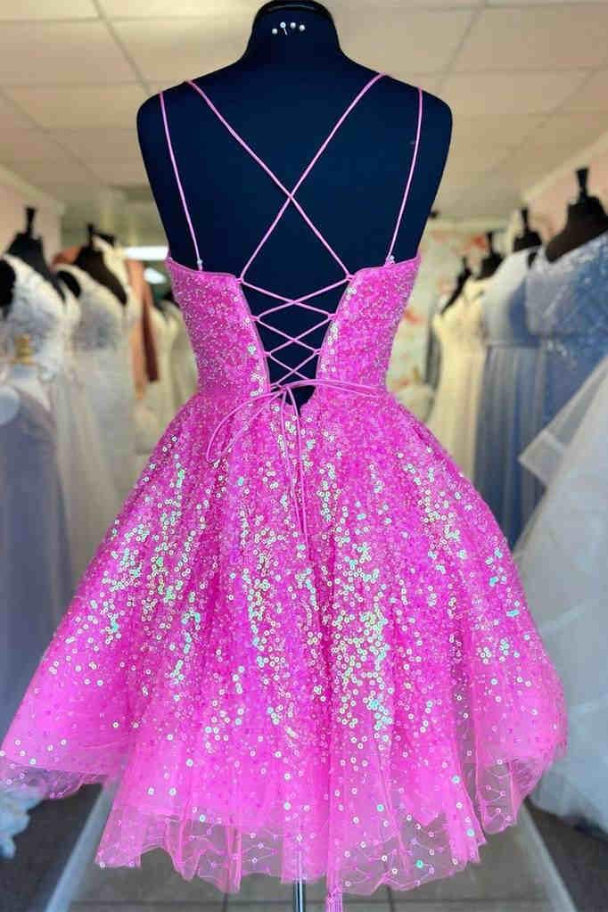 Vestido de Baile de Graduación con Lentejuelas Rosado Fuerte y Lindo SYH24