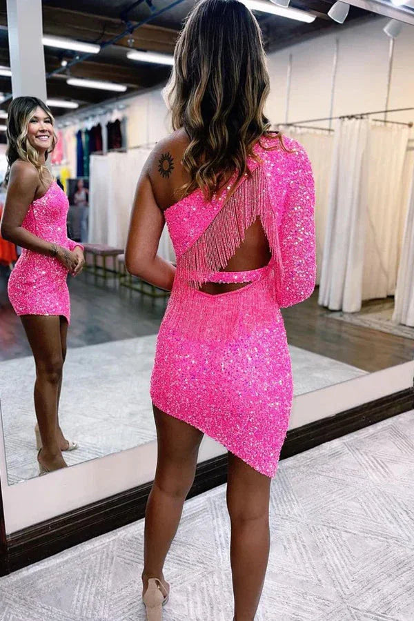 Vestido de Baile de Graduación Rosado de Lentejuelas Brillantes y Lindo con un Solo Hombro PD567