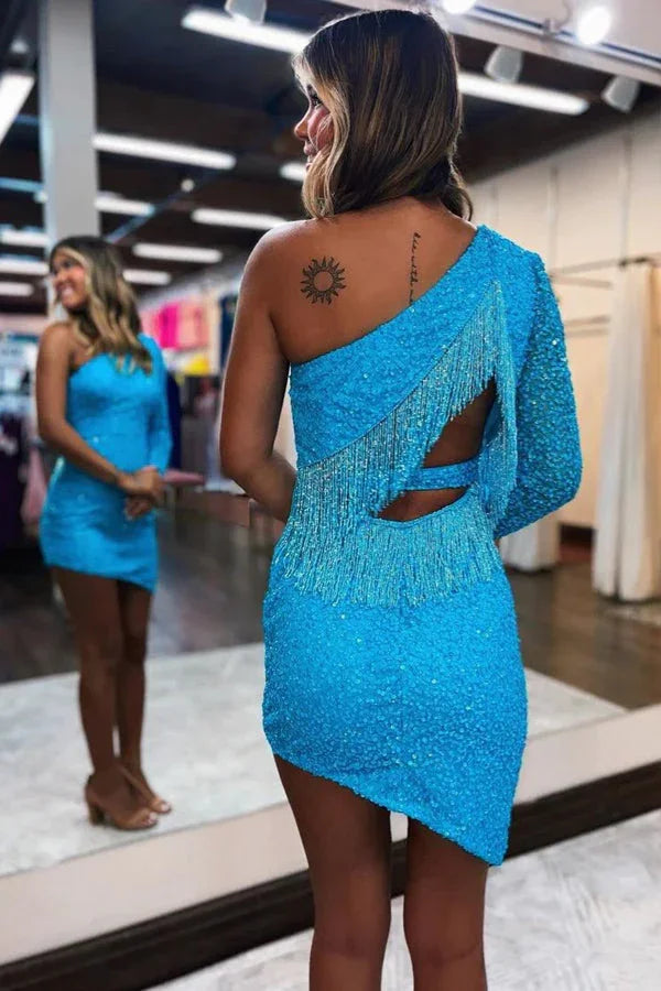 Vestido de Baile de Graduación Rosado de Lentejuelas Brillantes y Lindo con un Solo Hombro PD567