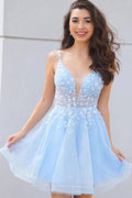 Vestido Corto de Baile y Fiesta con Cuello en V, Encaje y Estampado Floral en Azul Claro PD439