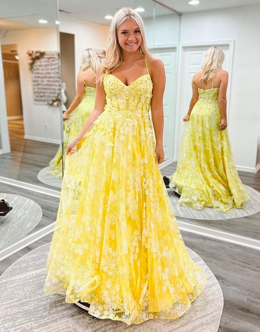 Ellis | Cute Yellow A-Line Spaghetti Straps Long Prom Dress With Appliques
