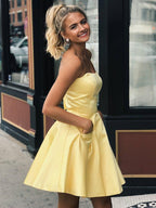 Simple Strapless Short Prom Dress Yellow Homecoming Dress with Pockets  PD322