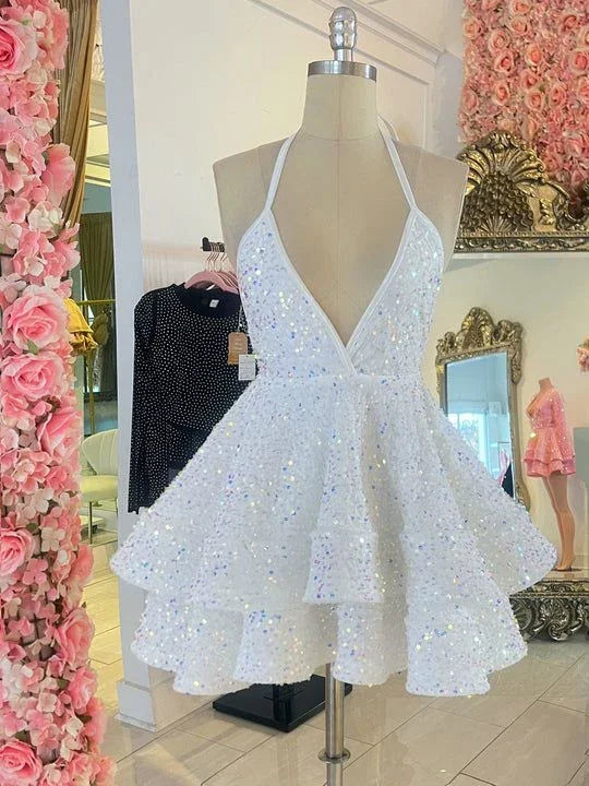 Niedliches A-Line Weiß Pailletten Homecoming-Kleid Weißes Partykleid Y2154