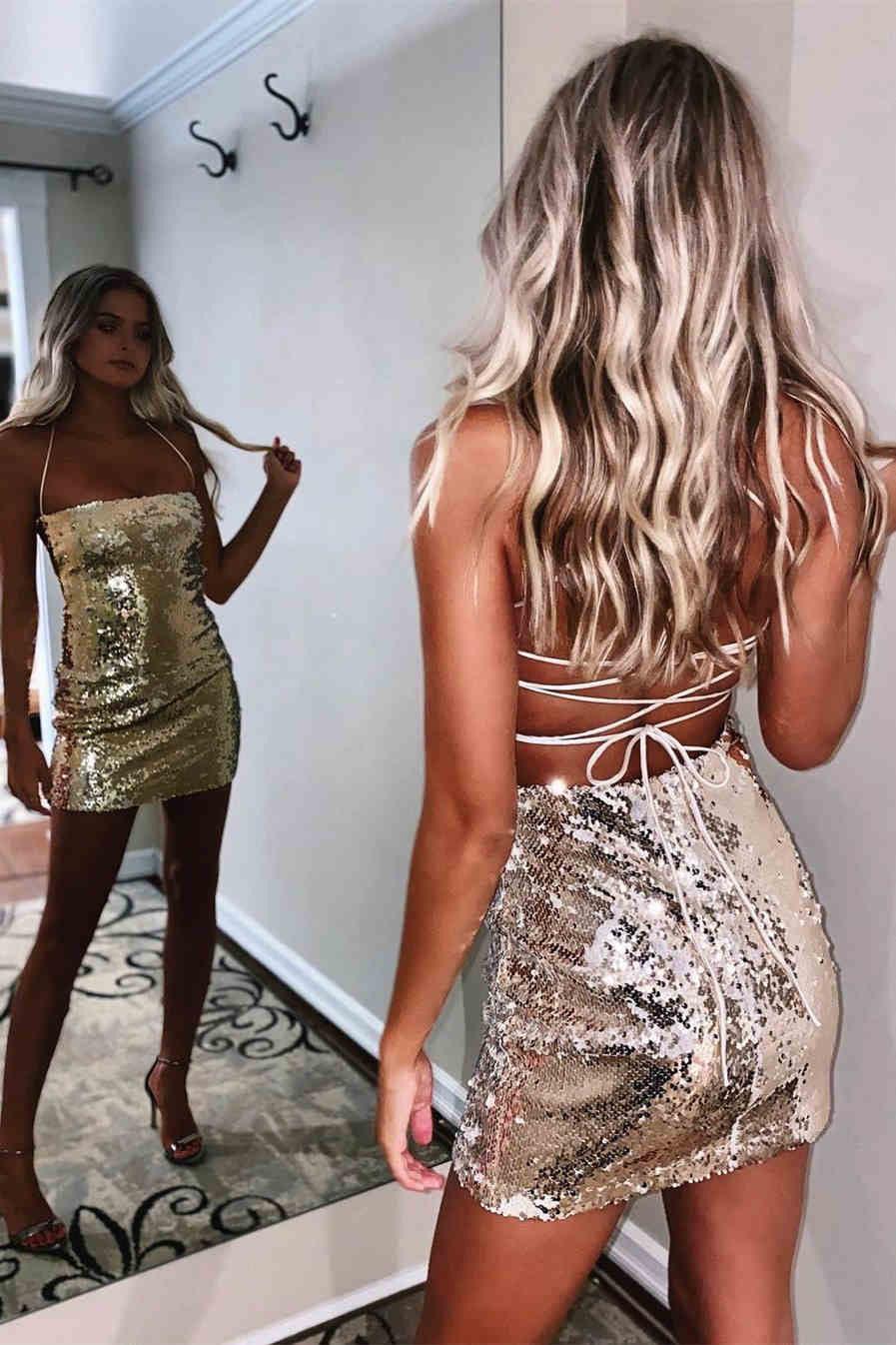 Vestidos Cortos de Fiesta con Lentejuelas Brillantes y Tirantes Finos para Baile de Graduación y Eventos Escolares
