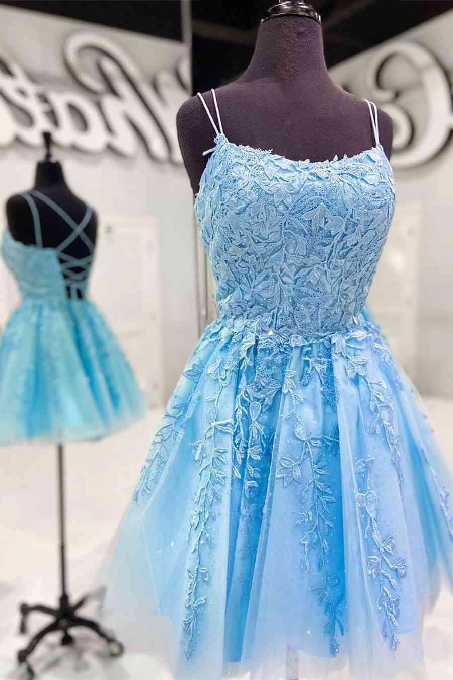 Vestidos cortos de fiesta para el baile de graduación y el homecoming, con tirantes spaghetti y encaje, en corte evasé azul