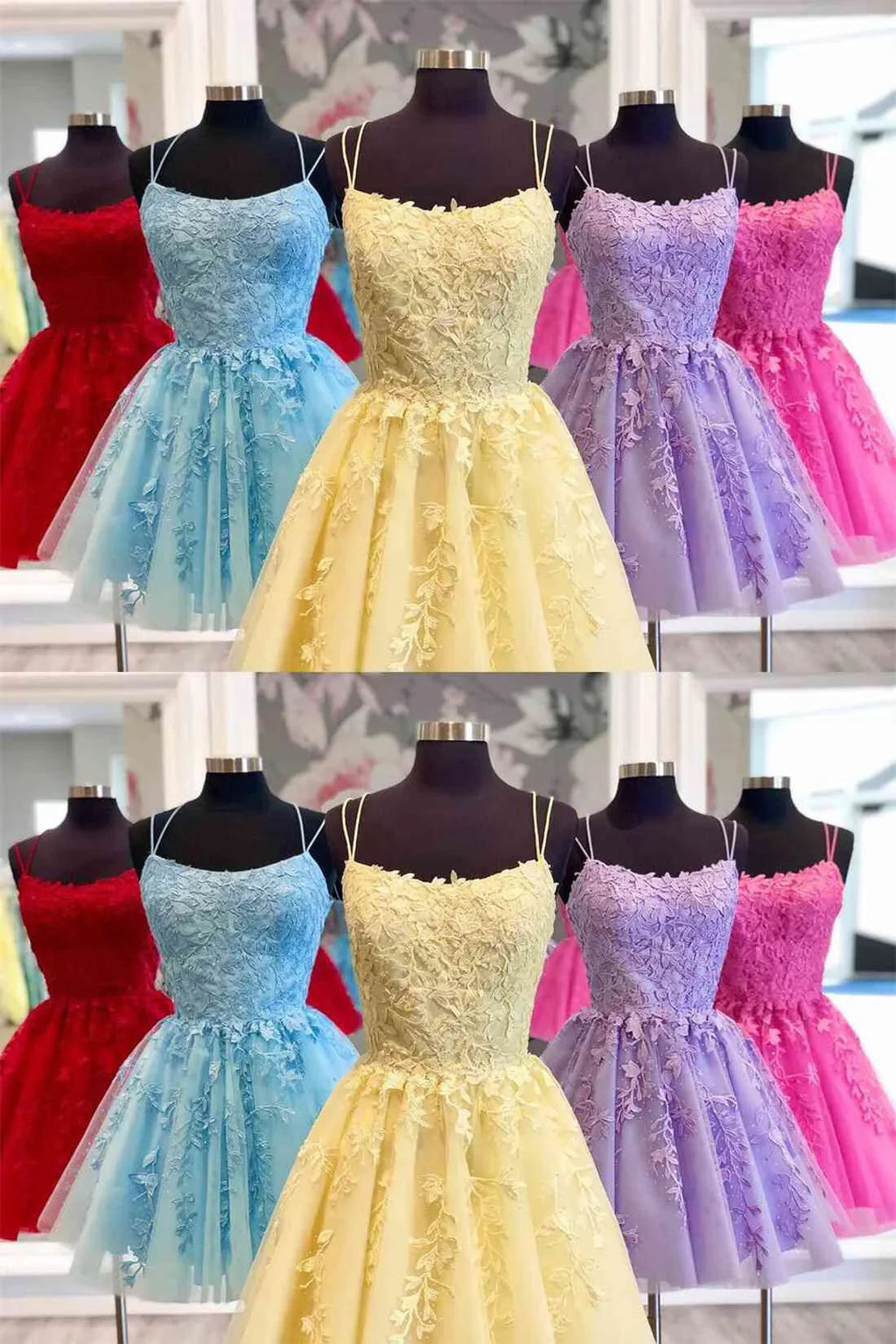 Vestidos cortos de fiesta para el baile de graduación y el homecoming, con tirantes spaghetti y encaje, en corte evasé azul