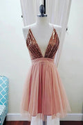 Vestido corto de fiesta con escote en V profundo, tirantes finos, sin mangas y lentejuelas para baile de graduación o bienvenida