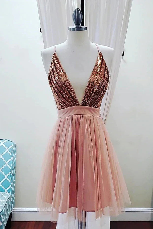 Tief ausgeschnittener Trägerkleider mit Spaghettiträgern, ärmellos, aus Paillettenstoff, kurze Ballkleider für den Abschlussball und Homecoming