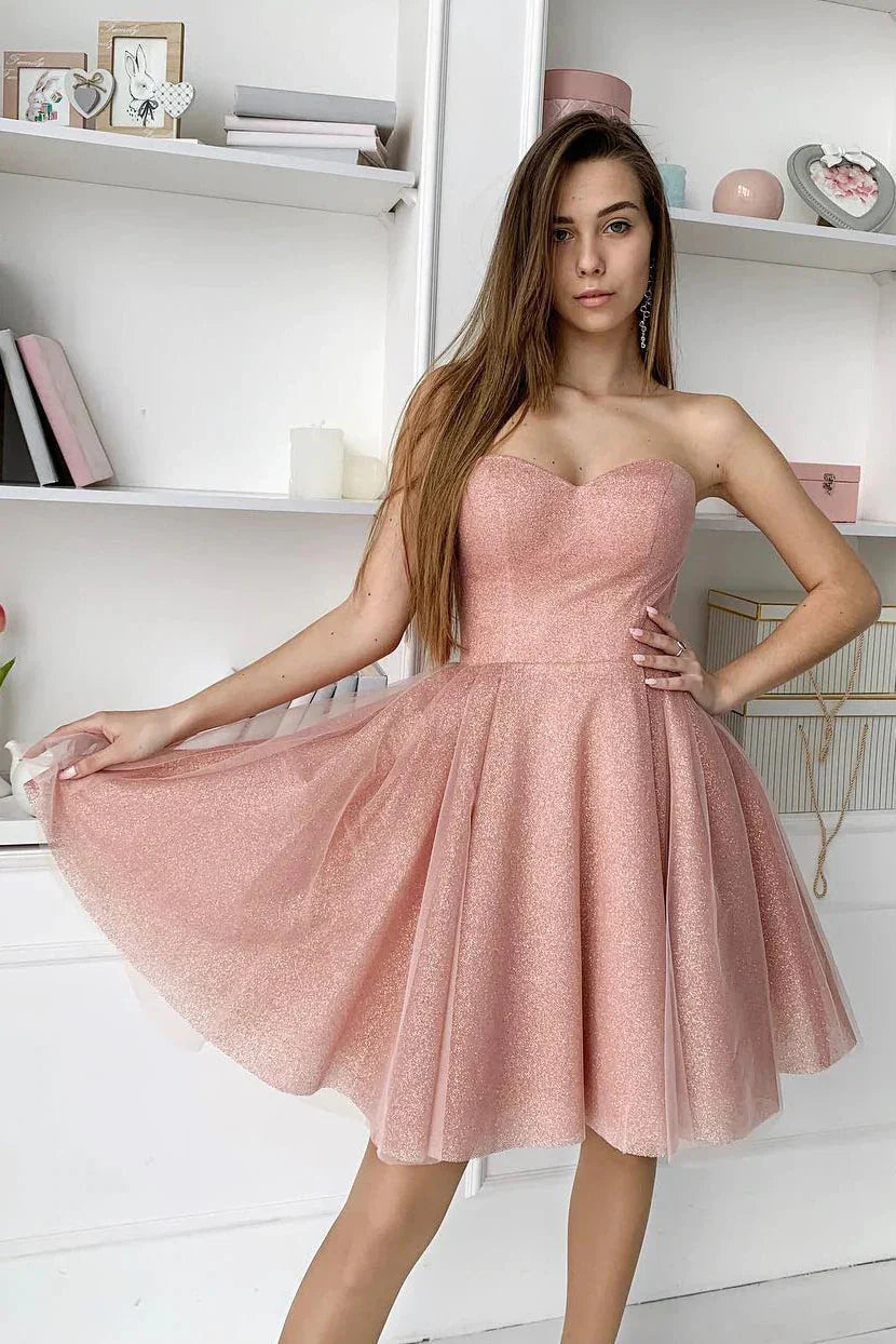 Vestidos de Baile de Gala Sem Alças em Cor-de-Rosa Pó com Decote Coração e Corte em A