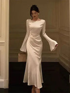 Robe de soirée en satin à col rond pour femme, robe de cocktail simple blanche Y6894