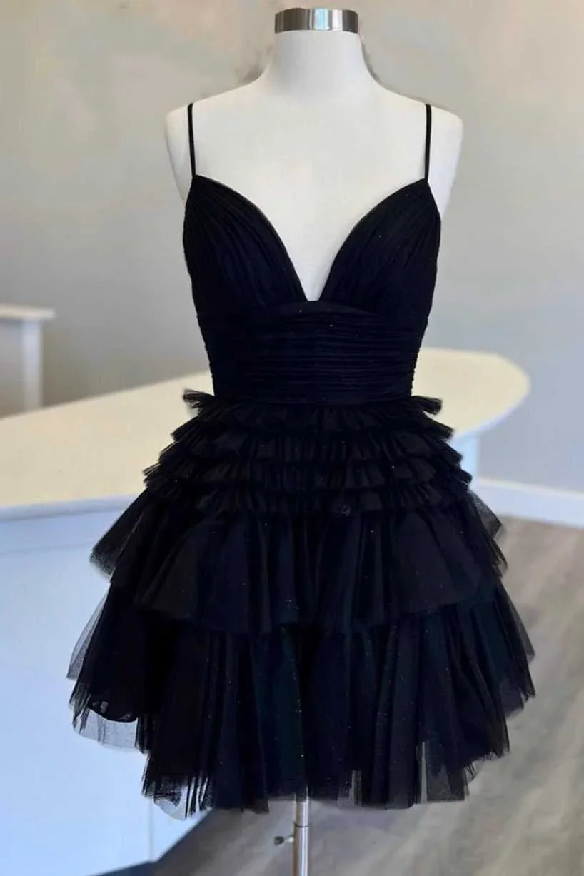 Vestido de Festa Curto A-Line Decotado em V Sem Costas de Vários Andares Vestido A-Line para Baile de Finalistas Y2350