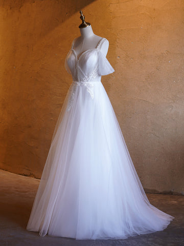 Vestidos de festa compridos com decote em V e pérolas