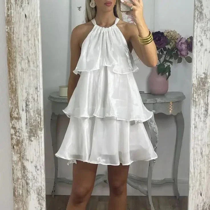 Einfaches blaues Organza-Trägerkleid mit mehrlagigem Minirock für den Abschlussball oder Homecoming Y8089