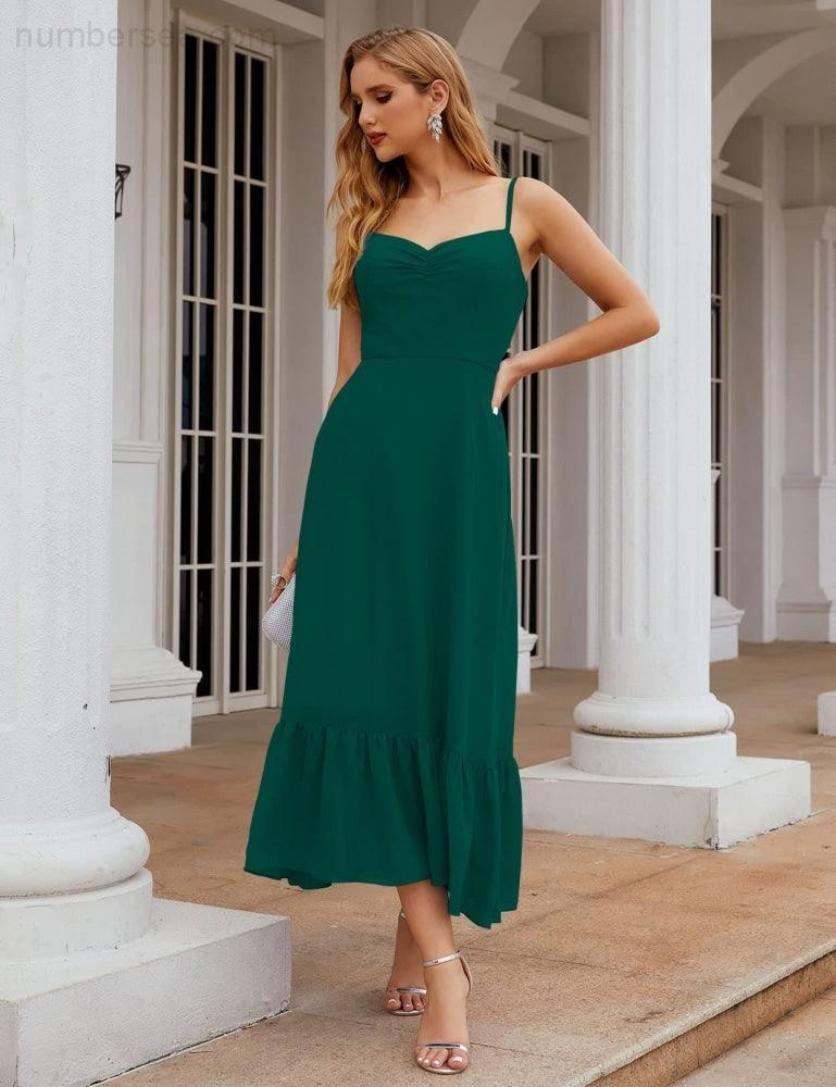 Numbersea Spaghetti-Träger Chiffon Brautjungfernkleid Knöchellänge Formell A-Linie Cocktail Party Homecoming-Kleid für Juniorinnen SEA28028