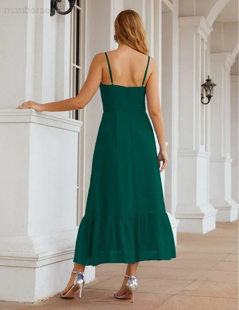 Numbersea Spaghetti-Träger Chiffon Brautjungfernkleid Knöchellänge Formell A-Linie Cocktail Party Homecoming-Kleid für Juniorinnen SEA28028