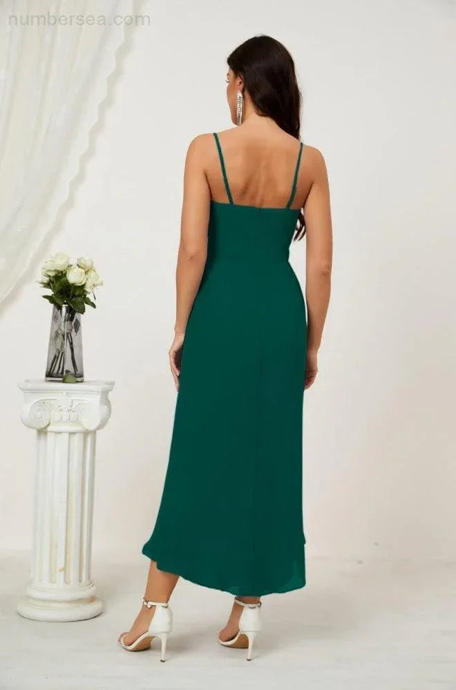 Vestido de Dama de Honor de Chifón Spaghetti con Escote en V y Abertura al Frente de Longitud Media para Fiesta Formal, Baile de Graduación y Regreso a Casa 2803