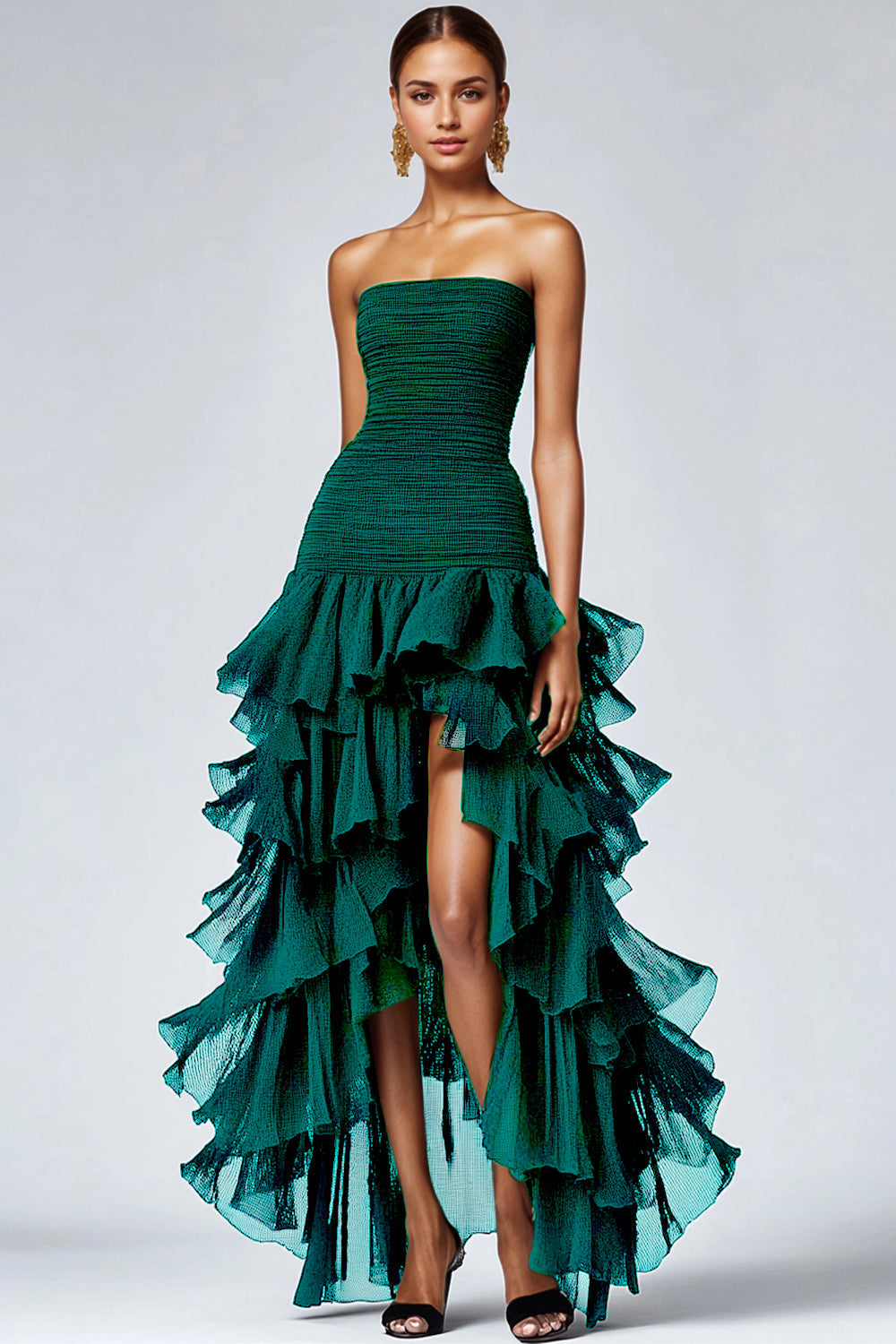 A Line Black Square Neck Tiered Formal Dress with Slit
