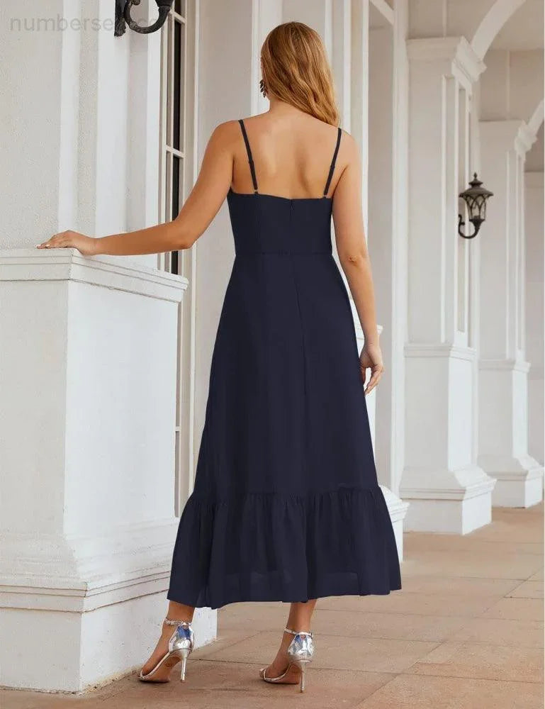 Numbersea Spaghetti-Träger Chiffon Brautjungfernkleid Knöchellänge Formell A-Linie Cocktail Party Homecoming-Kleid für Juniorinnen SEA28028