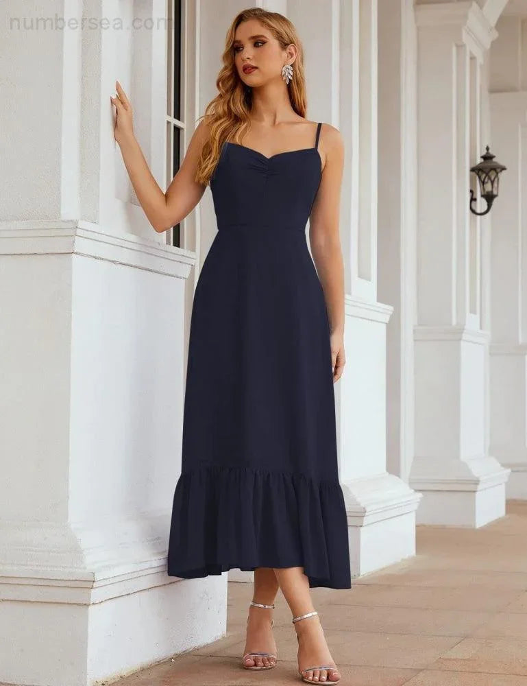 Numbersea Spaghetti-Träger Chiffon Brautjungfernkleid Knöchellänge Formell A-Linie Cocktail Party Homecoming-Kleid für Juniorinnen SEA28028