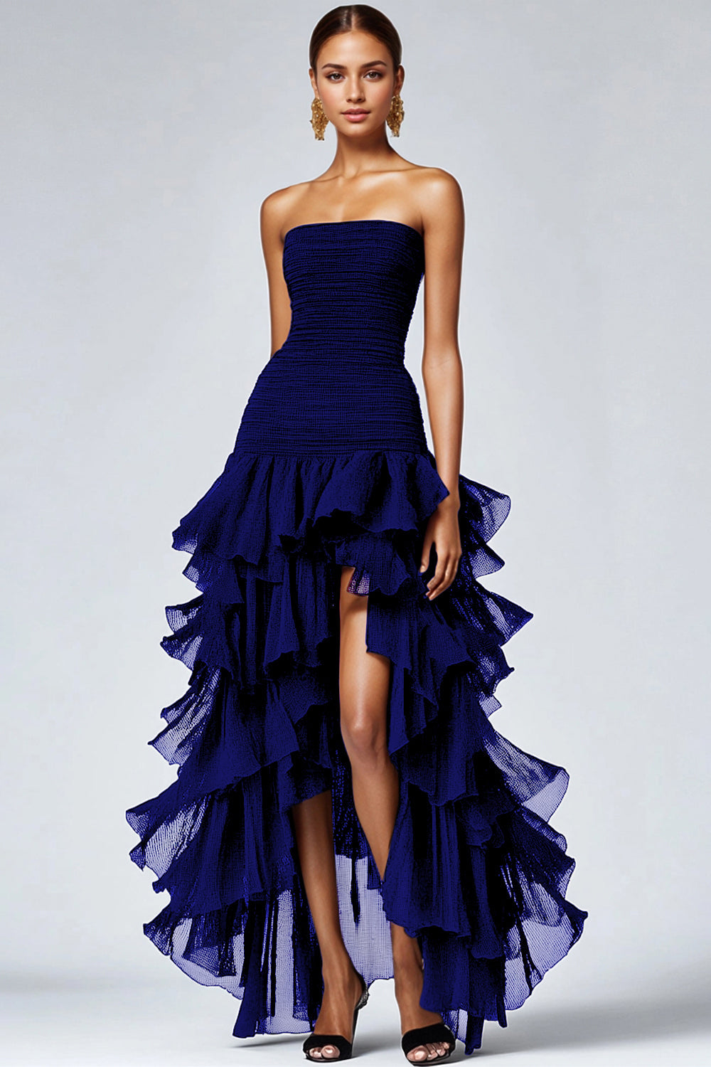 A Line Black Square Neck Tiered Formal Dress with Slit