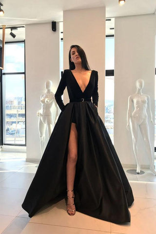 Deep V Neck Long Sleeves Burgundy Long Prom Dress PG812