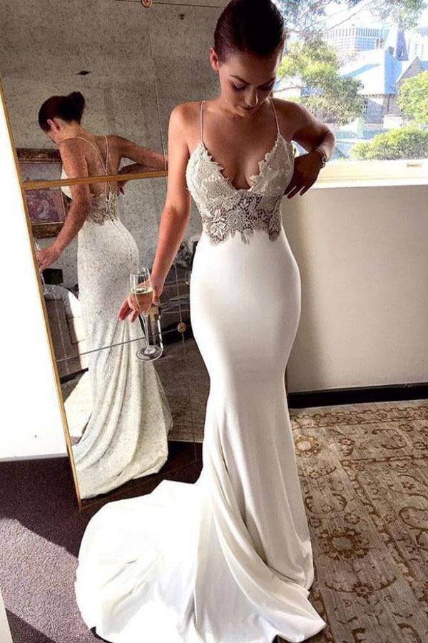 Vestido de Noiva Decote em V Profundo Cauda de Sereia Sem Costas com Alças Espaguete