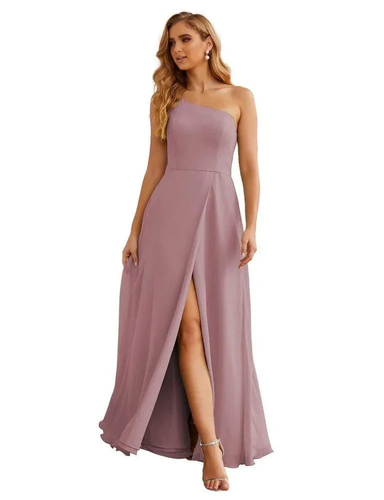 Vestido de dama de honor de chiffon con un hombro al descubierto Numbersea, vestidos largos formales para baile de graduación y fiesta de bienvenida, vestidos de noche para mujer para boda y eventos formales SEA28052