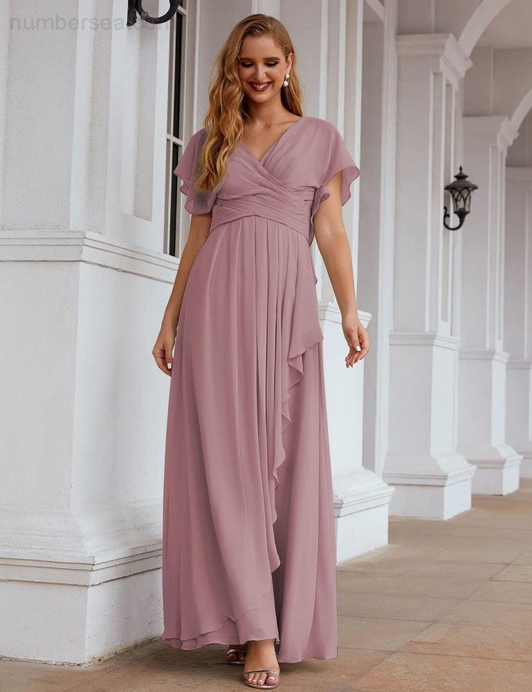 Numbersea Chiffon Bridesmaid Dresses Long Formal Evening Prom Mother of The Bride Dress with Flutter Sleeve     SEA28040