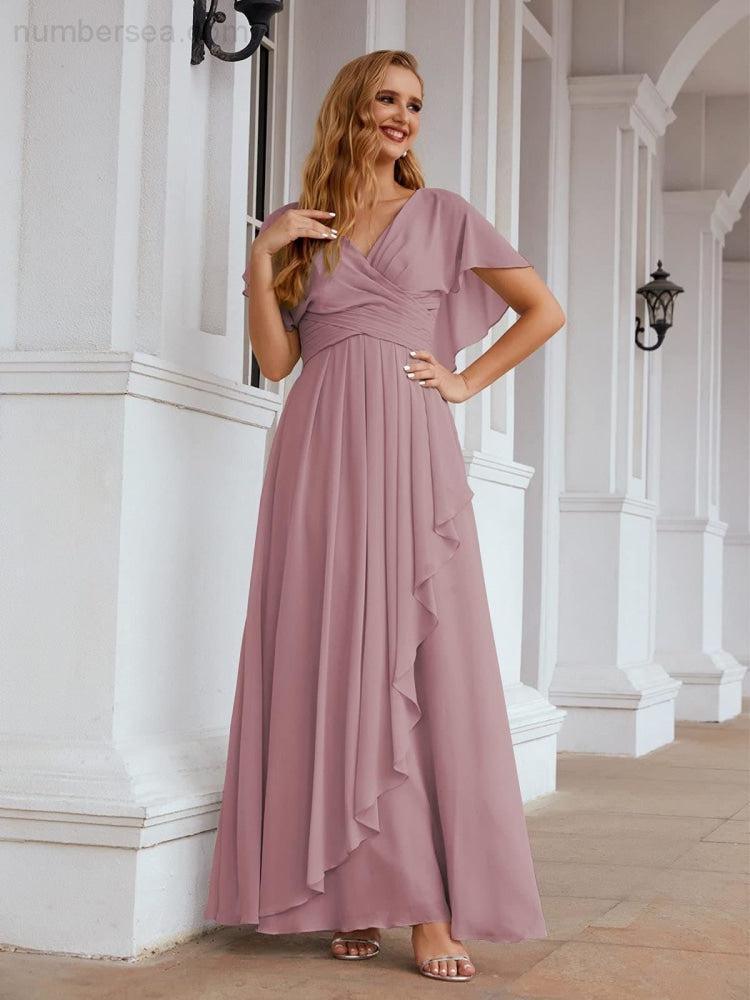 Numbersea Chiffon Bridesmaid Dresses Long Formal Evening Prom Mother of The Bride Dress with Flutter Sleeve     SEA28040