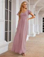 Vestido de dama de honor em chiffon Numbersea, manga curta, comprido, baile, festa, casamento, mãe da noiva, vestidos para mulher SEA28047 