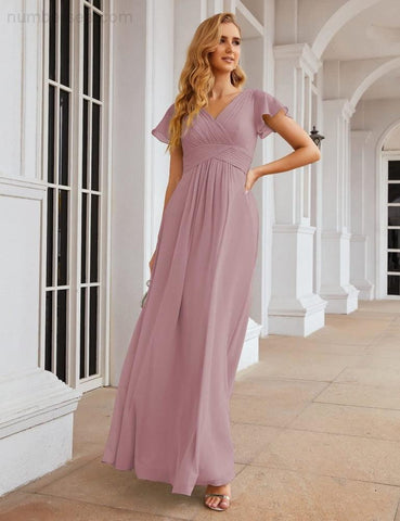 Numbersea Chiffon Bridesmaid Dress Cap Sleeves Maxi Prom Gowns Party Wedding Mother of The Bride Dresses for Women SEA28047