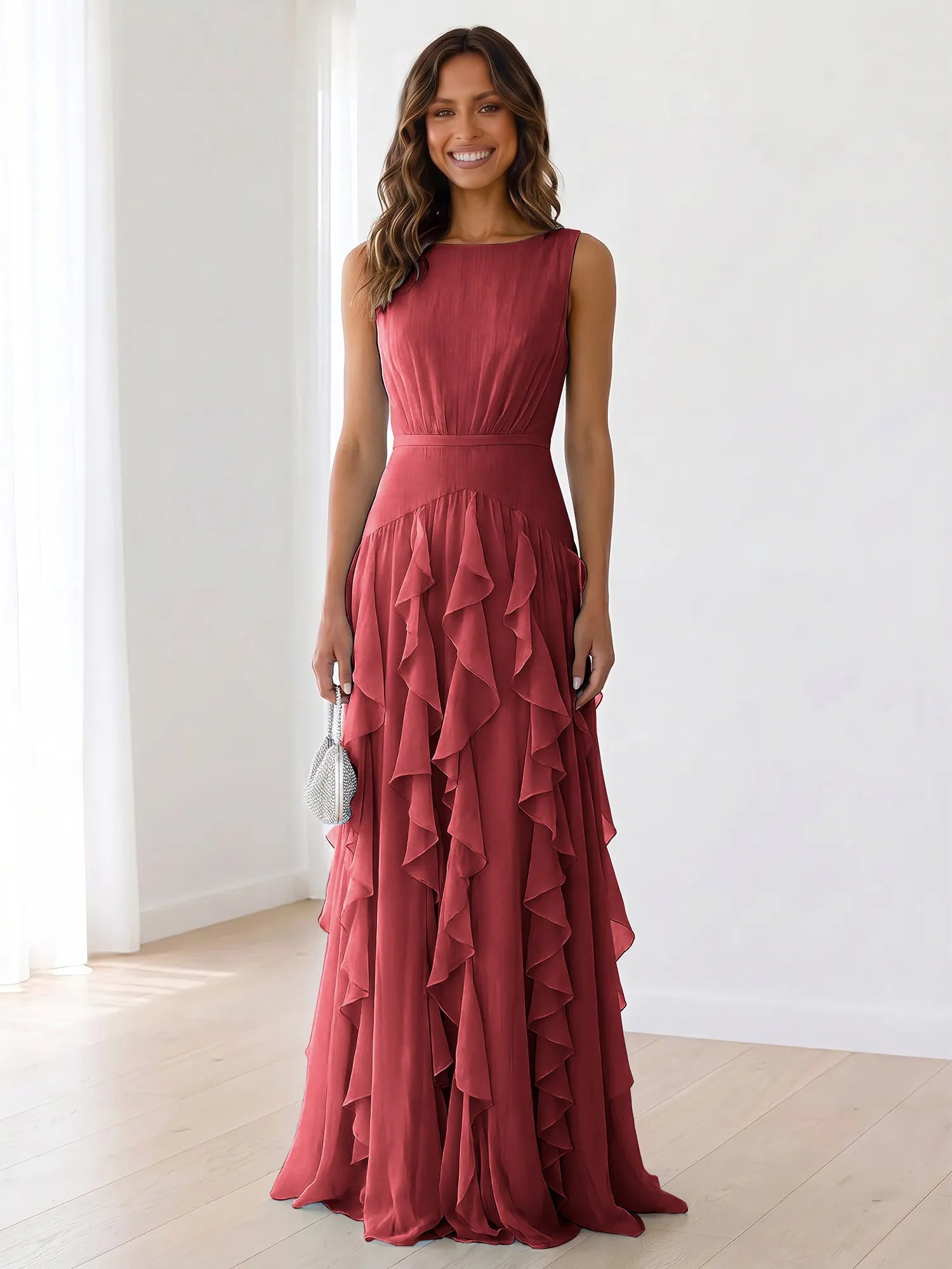 Sleeveless Tiered Chiffon Maxi Evening Gown with Ruched Bodice