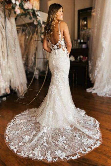 Designer-Langmermaid-Spaghettiträger-V-Ausschnitt-Rückenfreies Brautkleid