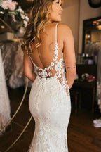 Designer-Langmermaid-Spaghettiträger-V-Ausschnitt-Rückenfreies Brautkleid