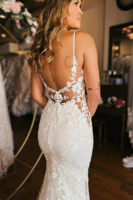 Designer-Langmermaid-Spaghettiträger-V-Ausschnitt-Rückenfreies Brautkleid
