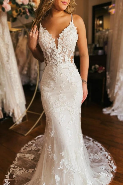 Designer-Langmermaid-Spaghettiträger-V-Ausschnitt-Rückenfreies Brautkleid