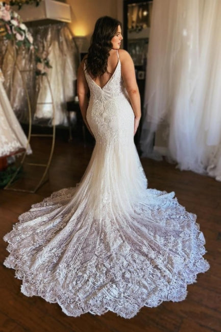 Designer Lang Meerjungfrau Spaghettiträger Reißverschluss Brautkleider Spitze