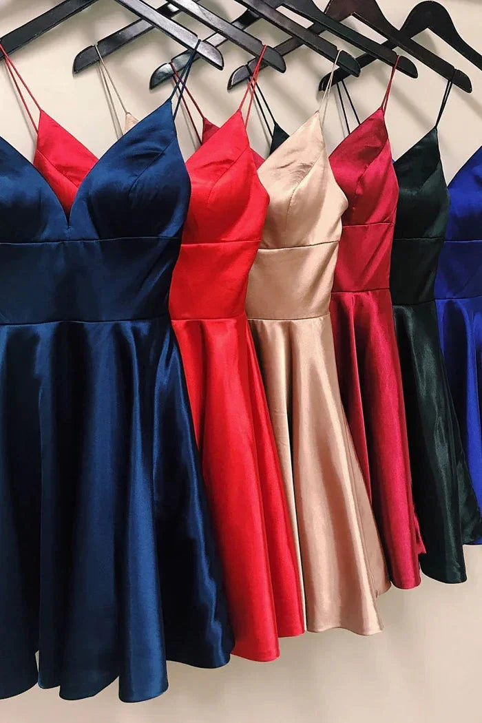 Designer Kurzes A-Linie Spaghettiträger Ärmelloses Rüschen-Satin-Open-Back-Homecoming-Kleid
